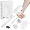 A hand holding a white car vacuum cleaner with various attachments laid out around it, and a product box in the background. Produktbild-Vorschau