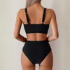 Bikiny s vysokým pasem - Dvoudílné plavky černé - Řasené Náhled obrázku produktu 6