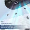 A close-up view of a handheld vacuum cleaner head with stylized representations of dust mites being sucked up, set against a soft, textured background. Produktbild-Vorschau