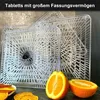 A close-up view of clear plastic drying trays for a food dehydrator, with sliced oranges in the foreground. Produktbild-Vorschau