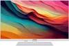 A white TELEFUNKEN television with a colorful abstract image displayed on its screen, set against a white background. Produktbild-Vorschau