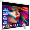 A projection screen displaying a vibrant image of a woman's face with colorful hair, along with text highlighting its features and resolution capabilities. A remote control is placed on the bottom right corner of the screen. Produktbild-Vorschau
