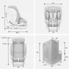 A collage of four images showing a car seat and its packaging with dimensions. Náhled obrázku produktu