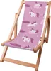 A foldable wooden deck chair with a pink fabric featuring a unicorn and cloud pattern. Podgląd zdjęcia produktu