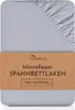 A close-up of a light gray fitted sheet with a brown paper band around it containing product information. Produktbild-Vorschau