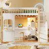 A child's loft bed with a desk and shelves underneath, decorated with playful elements. Produktbild-Vorschau