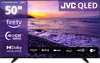 A television screen displaying a sunset over a beach, with various logos and product information overlaid on the left side and bottom. Produktbild-Vorschau