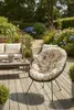 A garden setting with hydrangeas and other flowers, a wooden deck, and outdoor furniture. Produktbild-Vorschau