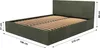 A khaki upholstered bed frame with a headboard and wooden slats, shown with dimensions indicated by measurement lines and text. Produktbild-Vorschau