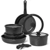 A set of black speckled cookware with a removable handle and lids, arranged on a white background. Produktbild-Vorschau