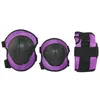 A set of purple and black protective gear for sports, including knee pads and wrist guards, laid out against a white background. Produktbild-Vorschau