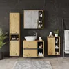 A modern bathroom vanity with a sink, mirror, and storage cabinets against a dark tiled wall. Anteprima dell’immagine prodotto