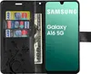 A black wallet-style phone case with cards and money inserted, next to a Samsung Galaxy A16 5G phone. Produktbild-Vorschau