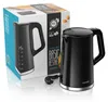 A black electric kettle and its packaging are displayed on a reflective surface with a white and light gray background. Produktbild-Vorschau