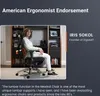 A woman is sitting in an ergonomic chair in front of a bookshelf. The image includes text endorsements and branding. Podgląd zdjęcia produktu