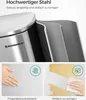 Close-up of a stainless steel trash can with text and feature callouts. Produktbild-Vorschau