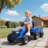 A young boy is happily riding a blue toy tractor with a trailer in a suburban backyard on a sunny day. Produktbild-Vorschau