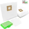A collection of vacuum cleaner bags and a filter are displayed on a white background. Produktbild-Vorschau