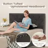 A woman is sitting on a bed reading a book, with a headboard behind her. Insets show close-ups of the bed's fabric and sponge. Náhled obrázku produktu