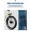 Close-up of an electric bicycle's front suspension fork and wheel, with a smiling woman wearing a helmet in the background. Produktbild-Vorschau
