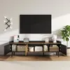 A modern TV stand with open and closed storage compartments, displaying various decorative items and books. Produktbild-Vorschau