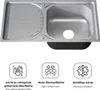 A stainless steel kitchen sink with a draining board and three feature icons below. Produktbild-Vorschau