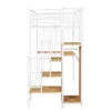 A white metal loft bed with wooden steps and shelves, featuring a desk and a hanging rod. Produktbild-Vorschau