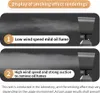 Collage displaying the smoking effect of a range hood at different wind speeds and suction levels, with accompanying text labels and an image of the device. Produktbild-Vorschau