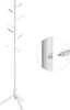 A white coat rack with a tripod base is shown against a white background. A close-up inset shows how a hook attaches to the main pole. Produktbild-Vorschau