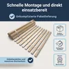 A bundle of wooden bed slats is shown, with marketing text and icons on a light blue and dark blue background. Produktbild-Vorschau
