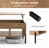A coffee table with its top lifted, revealing storage space, and close-up views of its legs and protective footpads. A robot vacuum cleaner is shown underneath the table. Anteprima dell’immagine prodotto