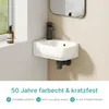 A close-up view of a white ceramic wall-mounted sink with a dark faucet, set against a light beige wall. A bottle of soap is visible on a white ledge to the left. Text and icons are displayed below the sink. Produktbild-Vorschau