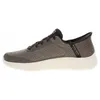 A side view of a single brown and green Skechers sneaker with a white sole, set against a white background. Anteprima dell’immagine prodotto