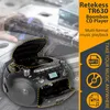A Retekess TR630 Boombox CD Player is shown with its lid open, and a hand is holding a CD near it. The background is blurred and shows other items, possibly related to music or electronics. Produktbild-Vorschau