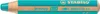 A close-up of a turquoise colored pencil with branding and product information printed on it. Produktbild-Vorschau