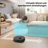 A robot vacuum cleaner is shown on a wooden floor in a bedroom with two beds. A blue grid overlay indicates virtual walls or no-go zones. Produktbild-Vorschau