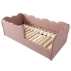 A pink upholstered bed frame with a wooden slat base, shown from a diagonal angle against a white background. Produktbild-Vorschau