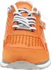 A front view of an orange sneaker with white and blue laces. Voir les images du produit