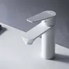 A white bathroom faucet on a white countertop with a gray wall in the background. Produktbild-Vorschau