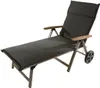 A gray chaise lounge with wooden armrests and black wheels, shown against a white background. Produktbild-Vorschau