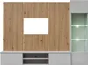 A modern living room wall unit with a slatted wood paneling background, a white rectangular area for a TV, and a glass-fronted cabinet with LED lighting. Anteprima dell’immagine prodotto