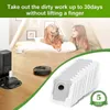 A girl and a dog are relaxing on a bed in a room, while a robot vacuum cleaner and its charging station are on the floor. A stack of dust bags is in the foreground. Produktbild-Vorschau