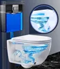 A cutaway illustration showing the internal workings of a wall-mounted toilet, highlighting the flushing mechanism and water flow. Produktbild-Vorschau