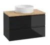 A black bathroom vanity cabinet with a wooden top and a white sink on top, isolated on a white background. Produktbild-Vorschau