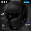 A black RDX headguard with various feature callouts and logos. Voir les images du produit