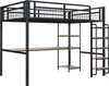 A black metal loft bed with a wooden desk and shelves, shown against a white background. Náhled obrázku produktu