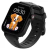 A black smartwatch with a cartoon dog on the screen, displayed against a black background.