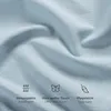 A close-up of light blue fabric with icons and text describing product features. Produktbild-Vorschau