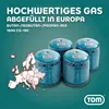 Four gas canisters are shown in front of a map of Europe, with text overlay. Produktbild-Vorschau