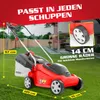 A red electric lawnmower is shown on a green lawn with a backyard scene in the background. Produktbild-Vorschau